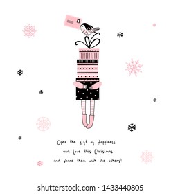 Xmas holidays hand drawn vector illustration. Cute pink girl carrying presents cartoon sketch. Kawaii new year drawing on white background. Giving gifts postcard, greeting card design element