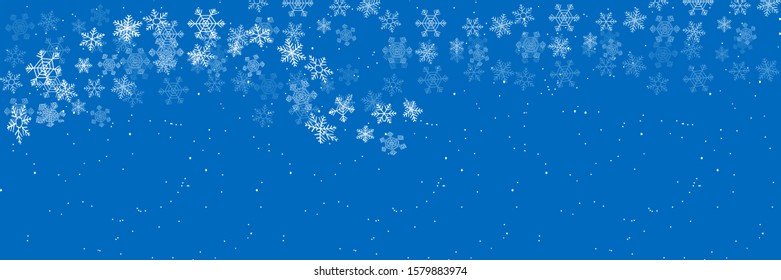 Xmas horizontal banner. Winter snowing sky. White snowflakes. It s snowing. New year frosty abstraction. Christmas theme. Snowfall on a blue sky background. Copyspace. Vector illustration. EPS10