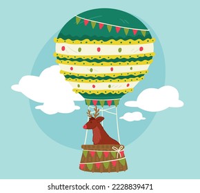 Xmas hot air balloon carrying reindeer. Flags and decoration garlands, winter holiday celebration. Flying Christmas character. New Year and winter season fun and activities. Vector in flat style