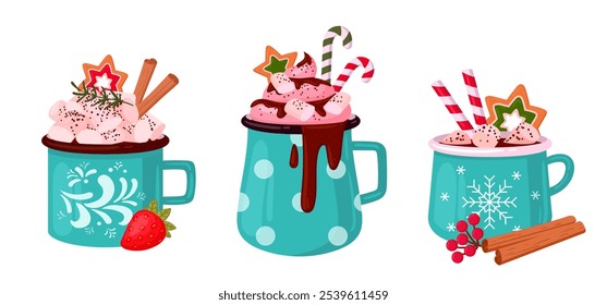 Xmas hot beverage cups. Christmas hot drink cups, festive mugs with hot cocoa with marshmallow and cinnamon sticks decor flat vector illustration set. Winter holiday drinks