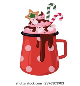 Xmas hot cocoa cup. Christmas cocoa with marshmallows, winter festive hot beverage cup flat cartoon vector illustration. Holiday beverage mug