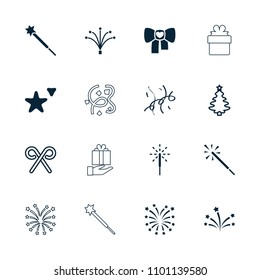 Xmas icon. collection of 16 xmas filled and outline icons such as sparkler, fireworks, christmas tree, candy cane, confetti, sparklers. editable xmas icons for web and mobile.