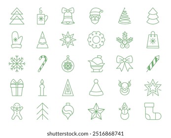 Xmas icon. New Year ornament. Holiday gift. Present box. Winter snowflake. Star and bell. Line shape. Outline decoration symbol. Christmas candy graphic. Vector simple tidy geometric pictograms set