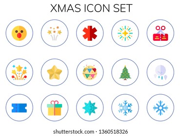 xmas icon set. 15 flat xmas icons.  Simple modern icons about  - surprised, fireworks, star, garlands, christmas tree, voucher, snow ball, present, snowflake