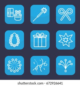 Xmas icon. set of 9 outline xmas icons such as sparklers, present, candy cane, fireworks, confetti, garland