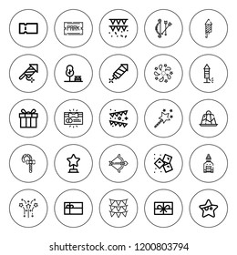 Xmas icon set. collection of 25 outline xmas icons with candy cane, bow, firework, fireworks, gift card, garland, garlands, ice, park, present, star icons. editable icons.