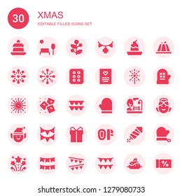 xmas icon set. Collection of 30 filled xmas icons included Pudding, Park, Holly, Garland, Fireworks, Cracker, Greeting card, Ice, Mitten, Elf, Present, Mittens, Angel, Garlands