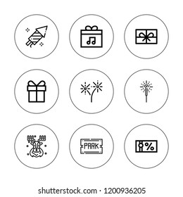 Xmas icon set. collection of 9 outline xmas icons with fireworks, gift voucher, park, present, sparkler icons. editable icons.