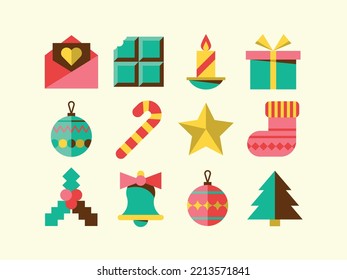 Xmas icon set. Collection of flat vector illustrations with fir tree, Christmas ornament, gift, candy cane, bell, star, holly, candle, chocolate, envelope, sock.