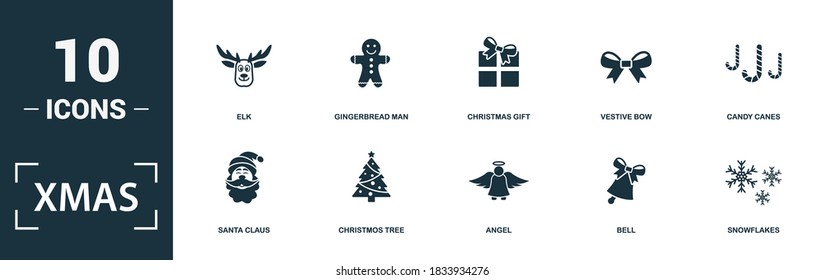 Xmas icon set. Collection of simple elements such as the santa claus, christmos tree, angel, bell. Xmas theme signs.