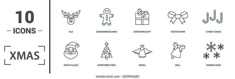 Xmas icon set. Collection of simple elements such as the santa claus, christmos tree, angel, bell. Xmas theme signs.