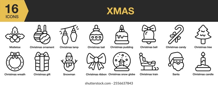 Xmas icon set. Includes ball, pudding, bell, tree, train, santa, candle, and More. Outline icons vector collection.