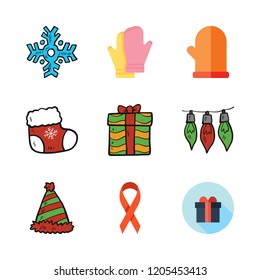 xmas icon set. vector set about mittens, snowflake, supermarket gift and christmas sock icons set.