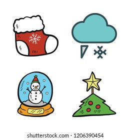 xmas icon set. vector set about christmas tree, snow globe, christmas sock and snowing icons set.