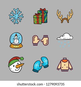 xmas icon set. vector set about christmas present, snowing, snowflake and reindeer icons set.