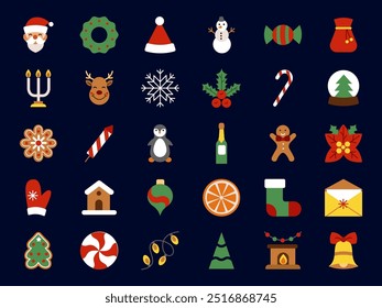 Xmas icon. Winter holiday. New Year 2025 elements. Fir tree. Christmas gift. Ornament decoration. Santa hat. Geometric snowflake. Fireplace sock. Modern minimal graphic. Vector tidy color symbols set