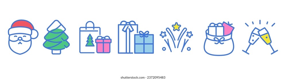 Xmas Icons, Minimal Colorful Illustrations. Vector Decoration Elements - Santa Claus, Presents, Gift Boxes, Fireworks, Cheers, Christmas Tree. Doodle Cartoon Set of Holiday Designs.