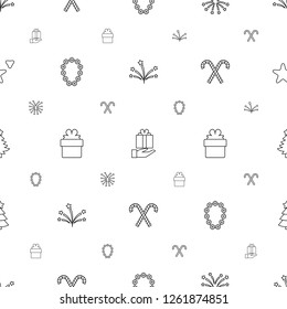 xmas icons pattern seamless white background. Included editable line fireworks, gift on hand, garland, gift, candy cane, Christmas tree, cookie icons. xmas icons for web and mobile.
