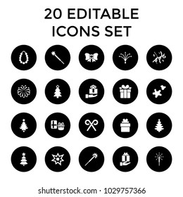 Xmas icons. set of 20 editable filled xmas icons such as sparklers, christmas tree, gift, bow, gift on hand, candy cane, sparkler. best quality xmas elements in trendy style.