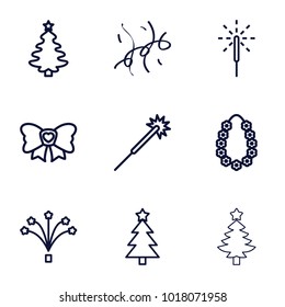 Xmas icons. set of 9 editable outline xmas icons such as sparklers, christmas tree, bow, sparkler, fireworks, confetti