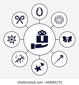 Xmas icons set. set of 9 xmas filled icons such as sparklers, bow, candy cane, fireworks, cookie, confetti, garland