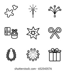 Xmas icons set. set of 9 xmas outline icons such as present, candy cane, sparkler, fireworks, cookie, garland