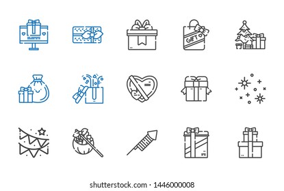 xmas icons set. Collection of xmas with gifts, fireworks, gift, garland, stars, christmas tree. Editable and scalable xmas icons.