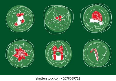 Xmas icons vector set. Hand drawn doodles on green background for Christmas decorations. One continuous line art drawing of icons, signs, symbols, price tags.