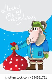 Xmas illustration cartoon sheep with bag gifts. New Year poster size A4. Beautiful nature background with Christmas trees.