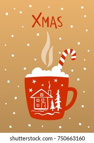 xmas invitation greeting card background with hot winter drink in a red mug for cold days