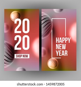 Xmas Invitation Post Card Celebrating 2020 Vector. Realistic Striped Spherule And Number 2020 Two Thousand Twenty On New Year Greeting-card Annonce. Creative Color Vertical Banner 3d Illustration