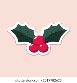 xmas isolated flat red mistletoe with green leaves on beige background. christmas vector simple flat art. cristmas illustration for cards, stickers, posters, prints. xmas element for decor