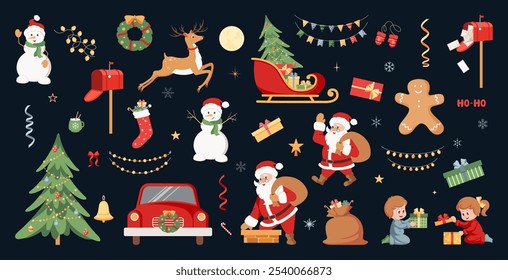 Xmas items big set. Christmas tree, Santa with gifts, сhristmas deer, snowman. Festive wreath, gingerbread. New year decorations. Winter holiday decor. Hand drawn vector illustration