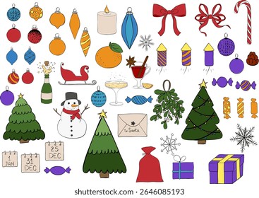 Xmas items isolated set. Vector graphic line ink illustration. Christmas tree, Santa with gifts, elves. Festive wreath, candy canes, gingerbreads. New year decorations. Winter holiday decor.
