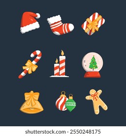 Xmas items set. candle, candy canes, gingerbreads, hats, socks, gifts, miniature snow trees, bells. New year decorations. Winter holiday decor. Flat isolated vector illustration on dark background