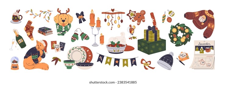 Xmas items set. Christmas tree decorations. Cat in sweater, gingerbread, gifts, pine wreath, bells. New year ribbons, Santa letter. Winter season, holiday. Flat isolated vector illustration on white.