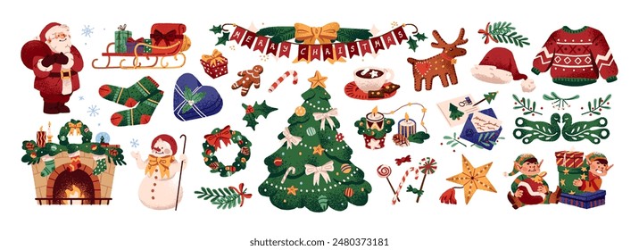 Xmas items set. Christmas tree, Santa with gifts, elves. Festive wreath, candy canes, gingerbreads. New year decorations. Winter holiday decor. Flat isolated vector illustration on white background