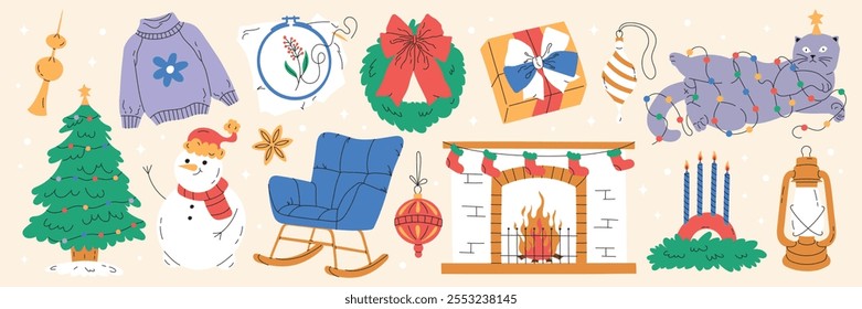 Xmas items set. Christmas tree. Festive wreath, candy, snowman, sweater, fireplace, cat, garland. New year decorations. Winter holiday decor. Flat. Vector Stock Illustration