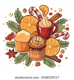 Xmas items set. Hot chocolate, cookies, cinnamon, leaves, candies,  Flat isolated vector illustration on white background