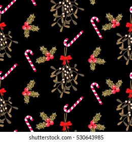 Xmas kissing bough black and gold seamless vector pattern. Traditional plant tied with red bow. Holly berry and candy cane dark background.