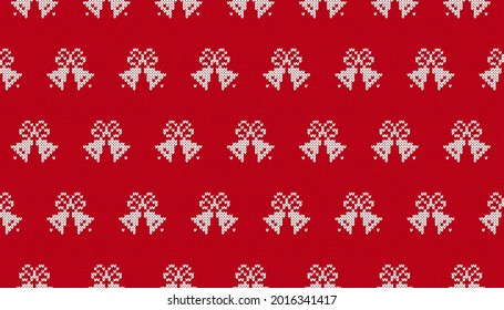 Xmas knit pattern. Seamless print with Christmas bells. Red knitted sweater texture. Festive traditional background. Fair isle holiday ornament. Vector illustration.