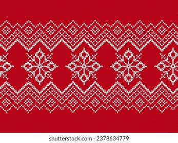 Xmas knitted geometric texture. Christmas seamless pattern. Vector. Red and white knit print. Winter sweater ornament. Holiday fair isle traditional background. Festive crochet.