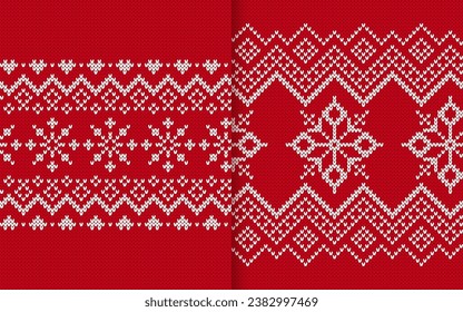 Xmas knitted sweater ornament. Red and white knit print. Christmas seamless pattern. Winter geometric texture. Holiday fair isle traditional background. Vector festive crochet.