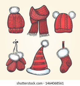 Xmas knitting hats, scarves and gloves. Hand drawn winter warm textile elements vector illustration, hat and scarf, mittens and socks knitting wear isolated