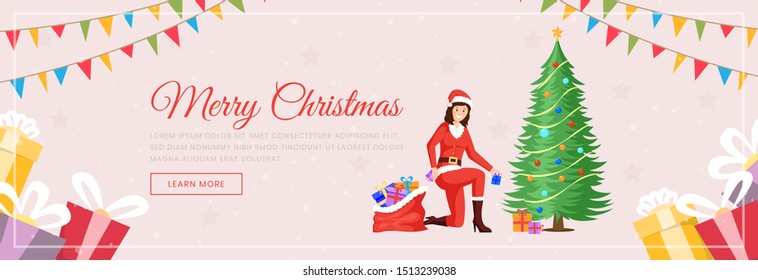 Xmas landing page vector template. Female Santa Claus in costume with gift sack and decorated New Year tree cartoon character. Christmas winter holiday presents store web banner layout