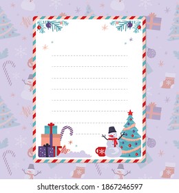 Xmas letter to Santa Claus or greeting card template. Merry christmas gift card. Envelope decoration for new year. Winter holiday and celebration. New Year's attributes. Trendy vector illustration