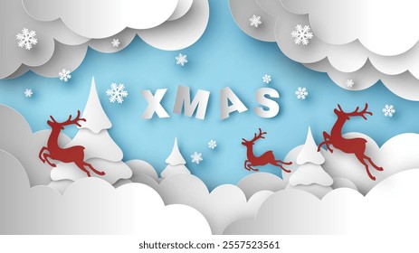 XMAS letters with Christmas tree and reindeers flying in a snowy sky. Merry Christmas. Xmas card. paper cut and craft style. vector, illustration.