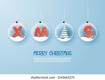 XMAS letters with Christmas tree in snow globes hanging on blue background,Vector paper art and digital craft style.