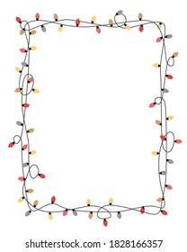 Xmas light bulbs frame, vertical rectangle shape. Simple but cute Christmas hand drawn frame. Vector illustration.