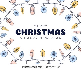 Xmas light bulbs frame, vertical circle shape. Simple but cute Christmas hand drawn frame. Vector illustration.